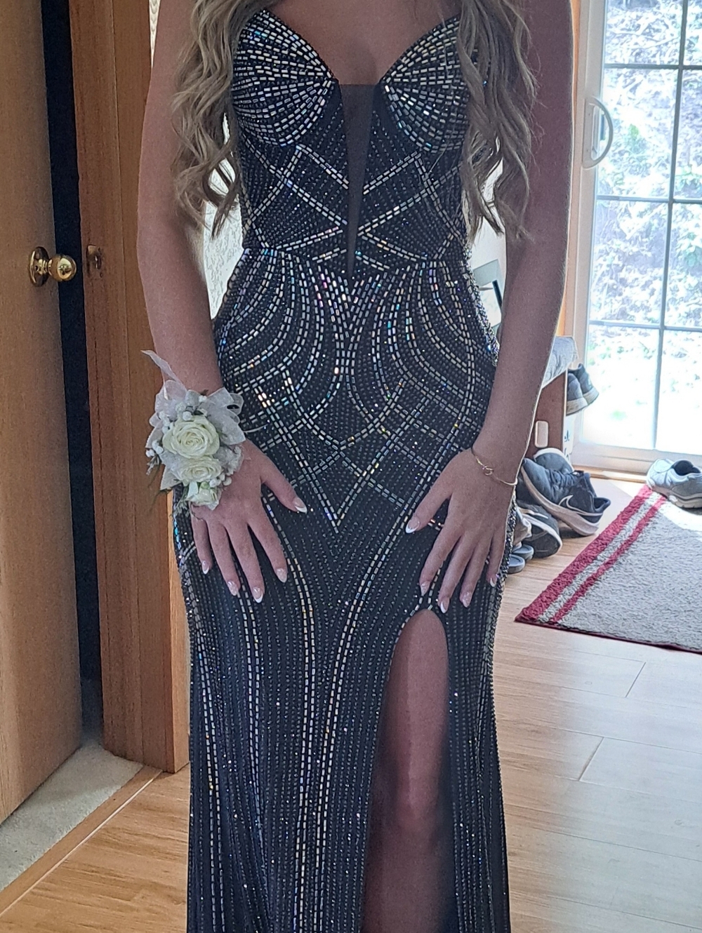 Black Beaded Prom Dress with Front Slit & Corset Back. Purchased At  Dream Dress